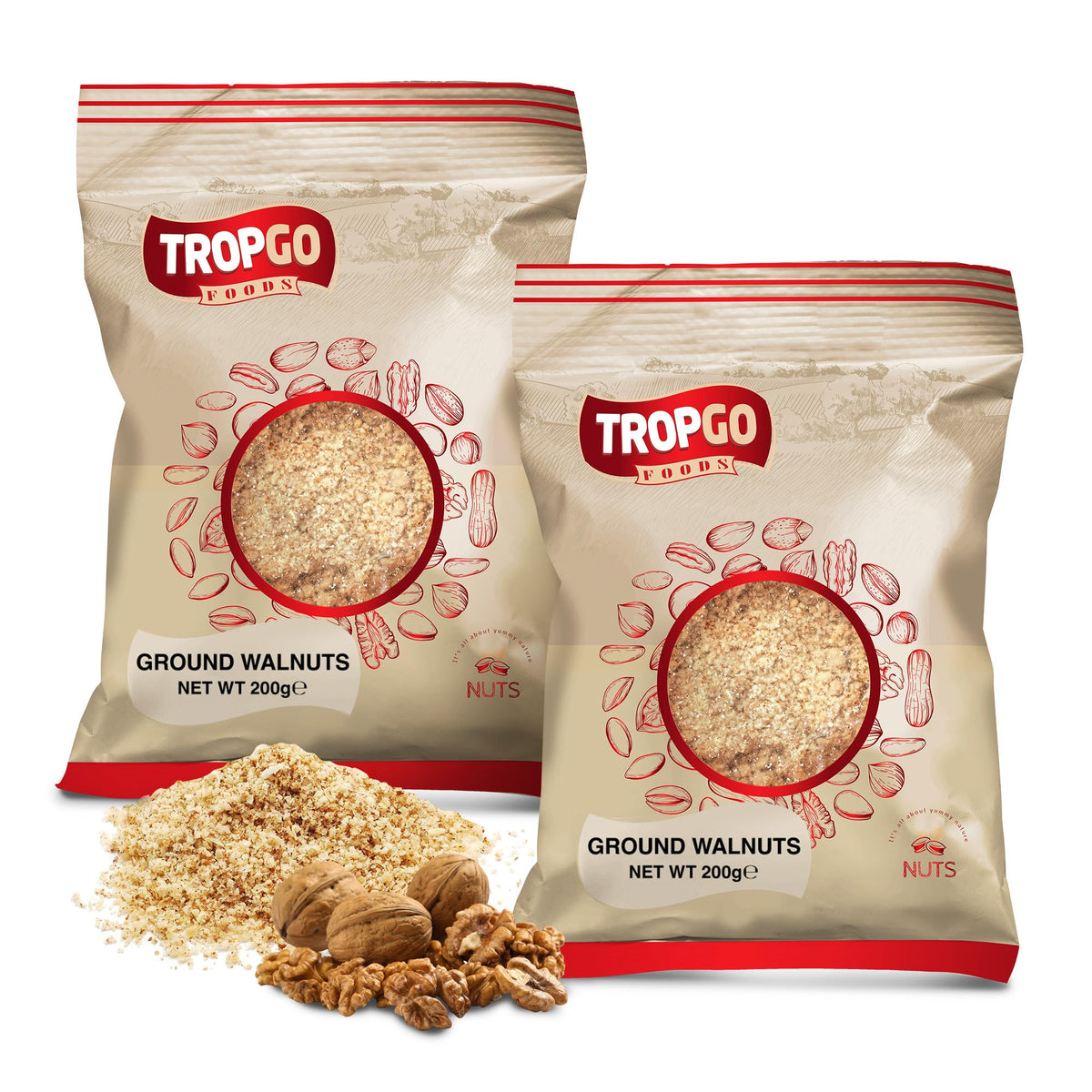Tropgo Ground Walnuts 2 x 200g - Premium Walnuts in Resealable Bag - Healthy Snacks with Fibre, Protein, and Minerals - Kosher, Ideal for Cooking & Baking
