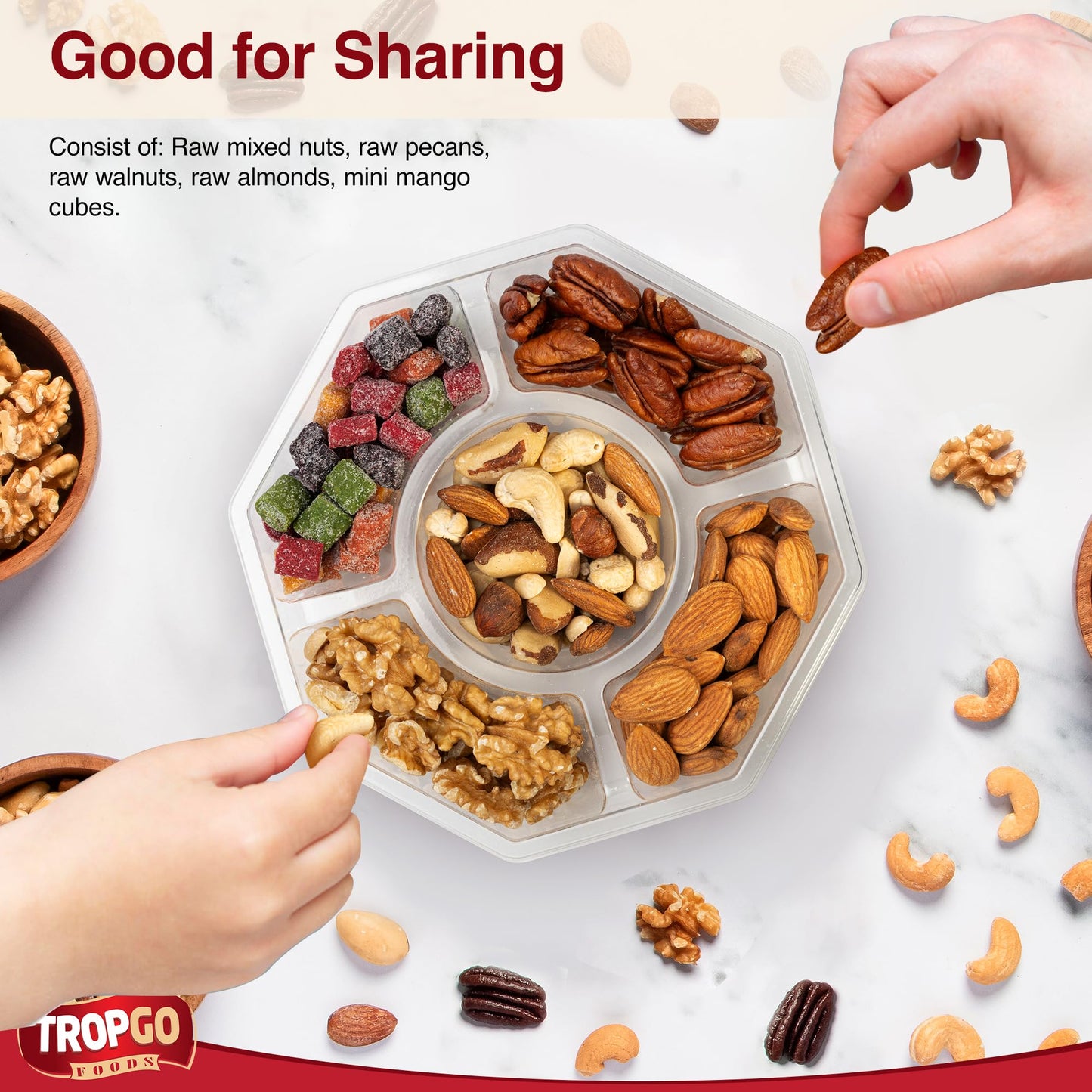 Tropgo 5 Sections Mixed Nuts Gift Set – Snacks Treat Gift with Almonds, Walnuts, Cashews, Raw Pecans & Sweet Mini Mango Cubes – Mixed Nuts Snacks