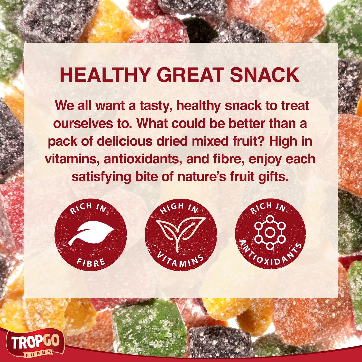 Tropgo Fruity Chewy Mini Cubes | Sugar-Coated Fruit-Flavoured Snack | Peach, Passion Fruit, Kiwi, Blueberry, Strawberry & Raspberry | 120g