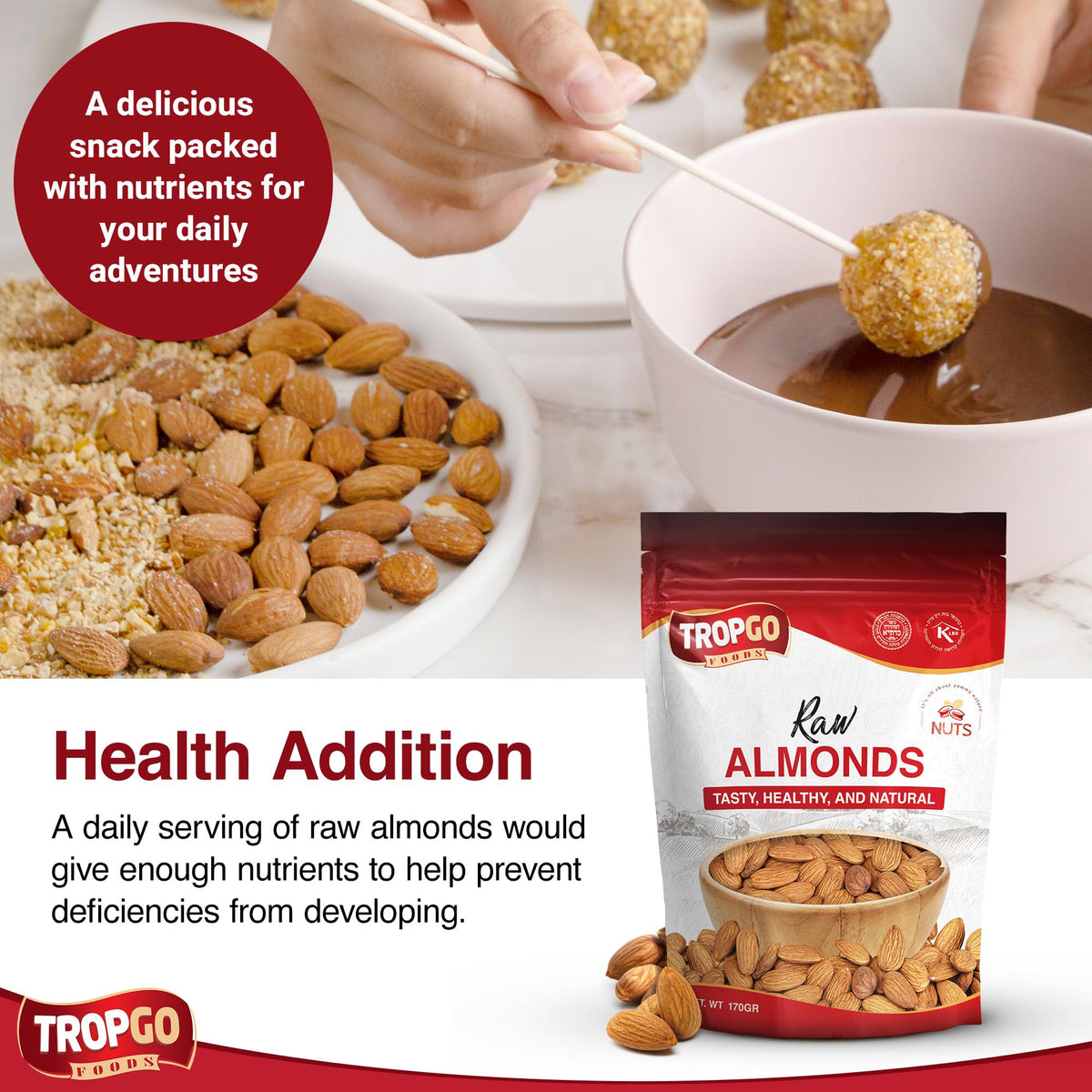 Tropgo Raw Almonds 170g – Whole Natural Non-GMO Unsalted Nuts for Snacking, Baking and Cooking - Delicious, Plant-Based Protein - Almond Nuts in Resealable Bag