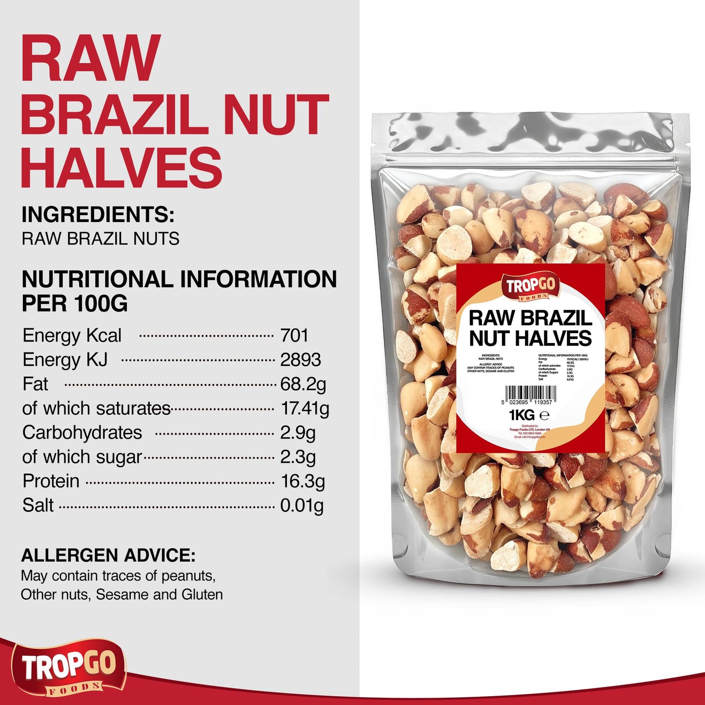 Tropgo Raw Brazil Nut Halves 1kg - Packed Fresh, 100% Natural Brazilian Nuts with Fibre, Protein, and Minerals, Perfect for Snacking - Kosher Nuts - Bulk Brazil Nuts