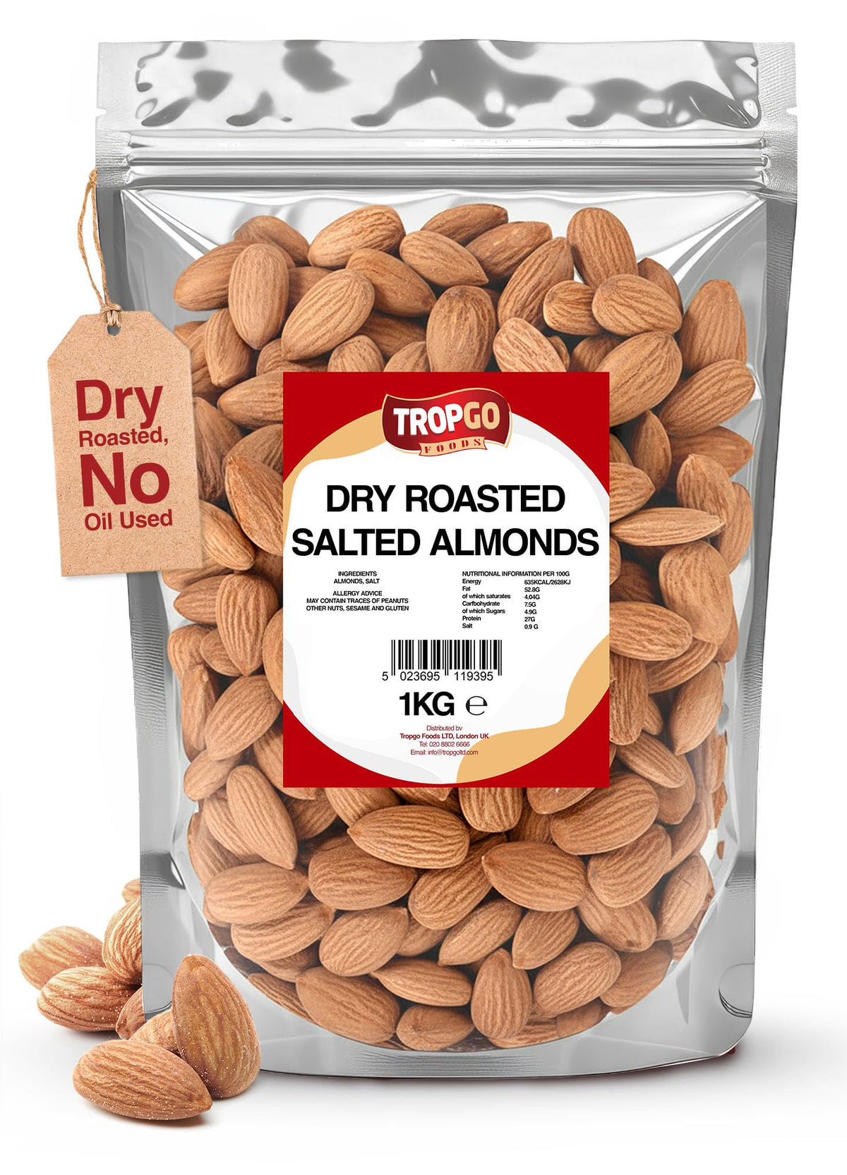 Tropgo Roasted Salted Almonds 1kg - Packed Fresh, Salted Almond Nuts with Fibre, Protein, and Minerals, Perfect for Snacking - Kosher Approved, Large Almonds - Bulk Food Buy