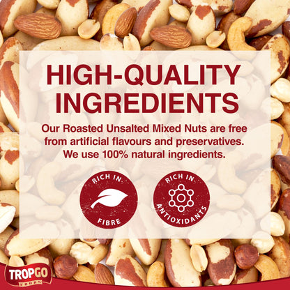Tropgo Roasted Unsalted Mixed Nuts 1kg - Dry Roasted, No Oil Used, Nut Snacks with Fibre, Protein and Minerals - Perfect for Snacking, Includes Almonds, Brazil, Cashews, Peanuts, & Hazelnuts