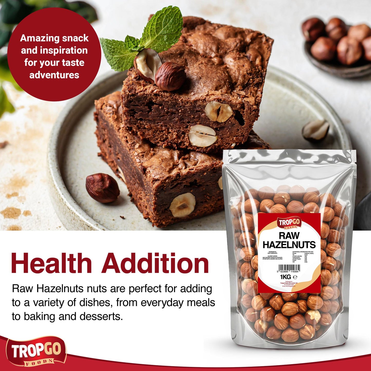 Tropgo Raw Hazelnuts 1kg - Packed Fresh Large Hazelnut - Premium Quality Nuts for a Healthy Heart, High in Fibre & Minerals - Perfect for Snacking