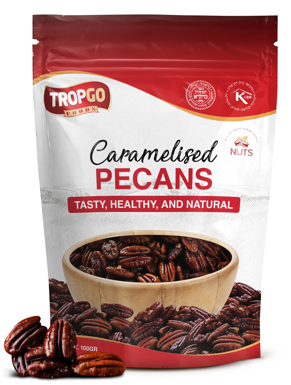 Tropgo Caramelised Pecans 100g Resealable Bag – Crunchy Glazed Nuts with Sweet Golden Coating – Pecan Nuts for Snacking, Baking & Salad Topping - Gifting Choice for Hampers or Celebrations