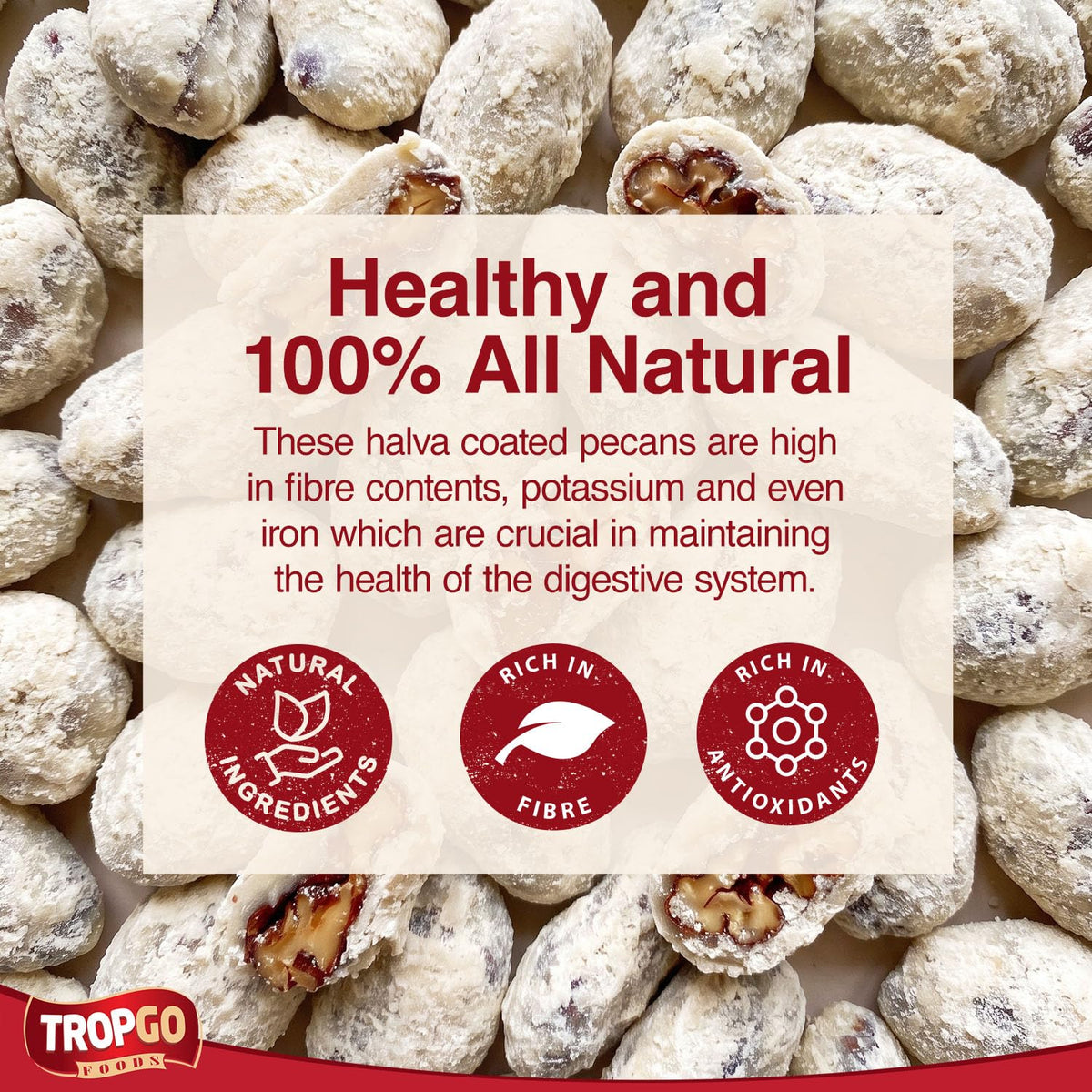Tropgo Halva Coated Pecans 120g - Sweet Sesame Crunch & Buttery Pecan Nuts - Coated Nuts Snack with Natural Ingredients - Kosher, Non-GMO, Protein-Rich Treat