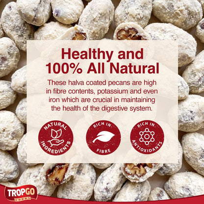 Tropgo Halva Coated Pecans 120g - Sweet Sesame Crunch & Buttery Pecan Nuts - Coated Nuts Snack with Natural Ingredients - Kosher, Non-GMO, Protein-Rich Treat