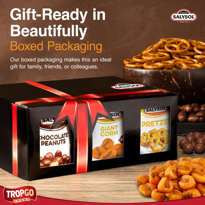 Salysol 6 Pack Mini Can Gift Snack Variety – 2 Salted Pretzel 25g, 2 BBQ Giant Corn 30g, 2 Chocolate Peanuts 50g – Gift Box Snack Set for Men and Women