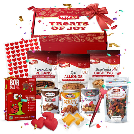 Tropgo Treats of Joy - Tasty Dried Fruit Snacks, Nut Selection Gift Box with Heart Sticker, Felts and Heart Pen - Roasted Nuts & Chocolate Gifts for Him and Her