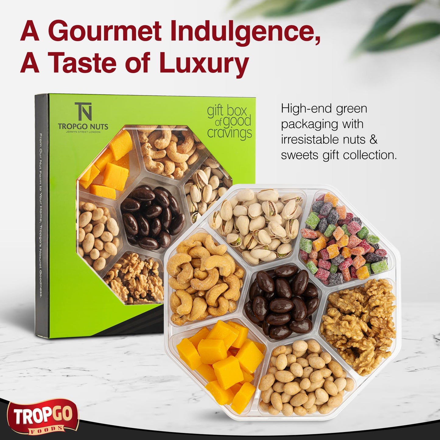 Tropgo 7 Sections Mixed Nuts & Chocolate Gift Box (Green) – Snack Gift with Pistachios, Cashews, Peanuts, Mango Mini Cubes & Bites, Walnuts & Chocolate Almonds