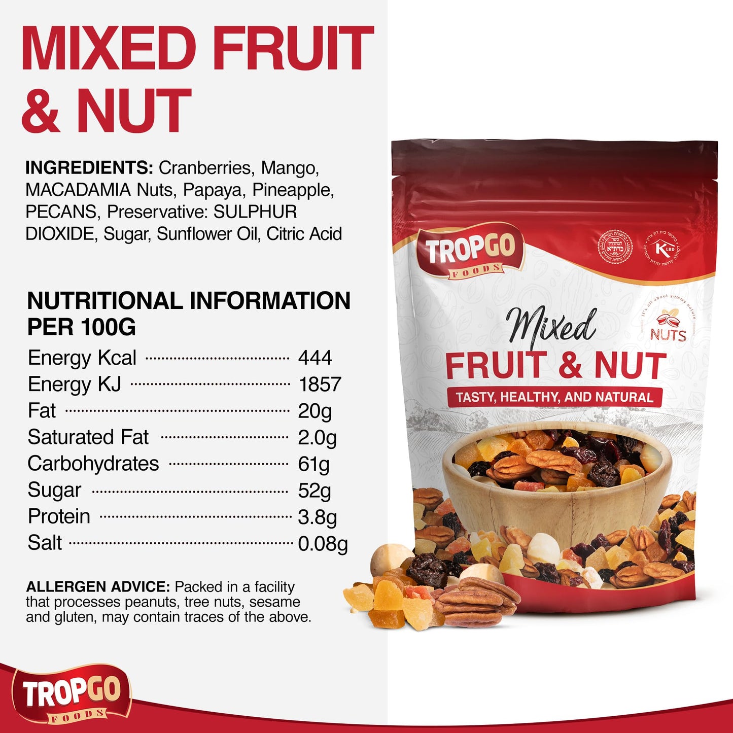 Tropgo Mixed Fruit & Nut Resealable Bag – Diced Mango, Pineapple & Papaya, Macadamia Nuts, Cranberries, Pecans – Healthy Snack for Work, School, Gym, Lunchboxes, Travel, Cupboards