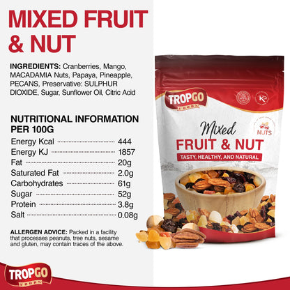 Tropgo Mixed Fruit & Nut Resealable Bag – Diced Mango, Pineapple & Papaya, Macadamia Nuts, Cranberries, Pecans – Healthy Snack for Work, School, Gym, Lunchboxes, Travel, Cupboards