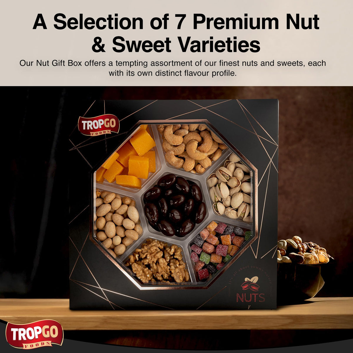 Tropgo 7 Sections Mixed Nuts & Chocolate Gift Box (Black) – Box Treat with Pistachios, Cashews, Peanuts, Mango Mini Cubes & Mango Bites, Walnuts & Chocolate Almonds - Couple Gifts Snack Box