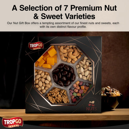 Tropgo 7 Sections Mixed Nuts & Chocolate Gift Box (Black) – Box Treat with Pistachios, Cashews, Peanuts, Mango Mini Cubes & Mango Bites, Walnuts & Chocolate Almonds - Couple Gifts Snack Box