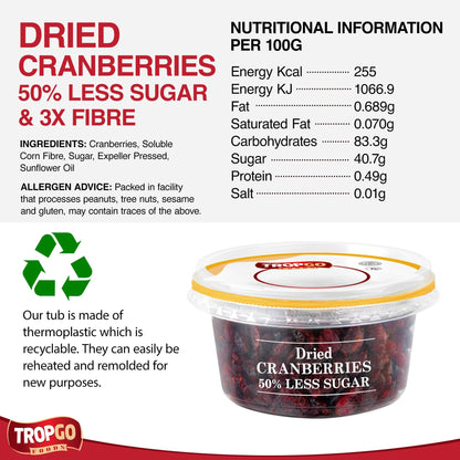 Tropgo Dried Cranberries 50% Less Sugar 190g - Dried Fruit in Resealable and Recyclable Tub - Quick Energy Boost & Wholesome Trail Mix - Ready-to-Eat Dehydrated Fruit Snacks for Kids and Adults