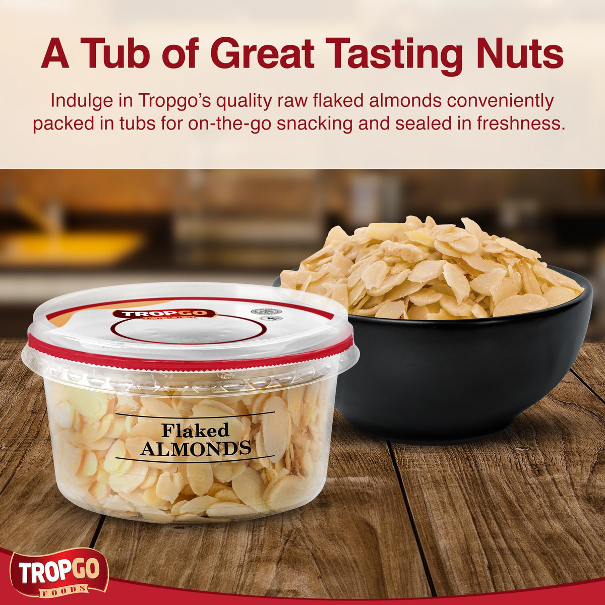 Tropgo Flaked Almonds - Finely Sliced Almond Nuts in a Resealable and Recyclable Tub - Parent
