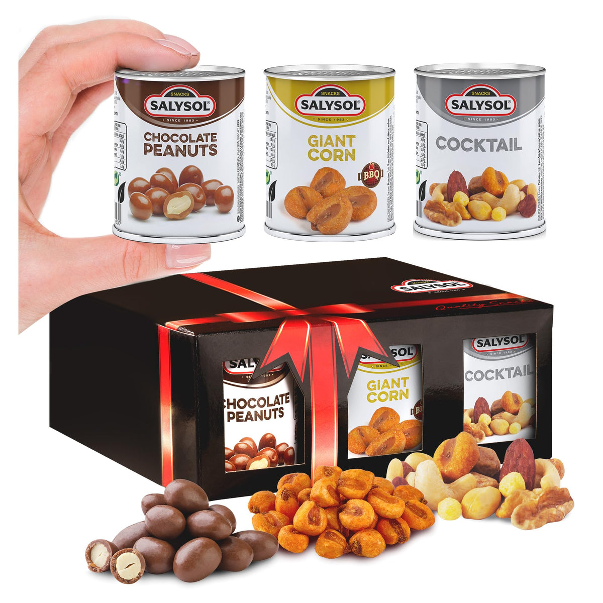 Salysol 6 Pack Mini Can Snack Variety – 2 BBQ Giant Corn 30g, 2 Chocolate Peanuts 50g, 2 Spicy BBQ Cocktail 50g – Gift Box Snack Set for Men and Women