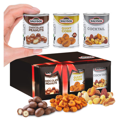 Salysol 6 Pack Mini Can Snack Variety – 2 BBQ Giant Corn 30g, 2 Chocolate Peanuts 50g, 2 Spicy BBQ Cocktail 50g – Gift Box Snack Set for Men and Women