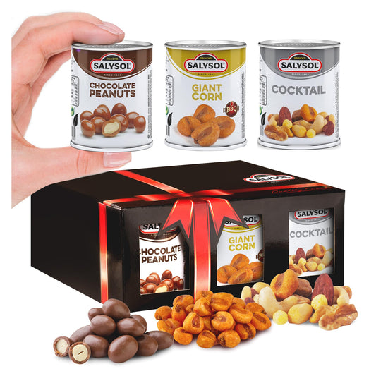 Salysol 6 Pack Mini Can Snack Variety – 2 BBQ Giant Corn 30g, 2 Chocolate Peanuts 50g, 2 Spicy BBQ Cocktail 50g – Gift Box Snack Set for Men and Women