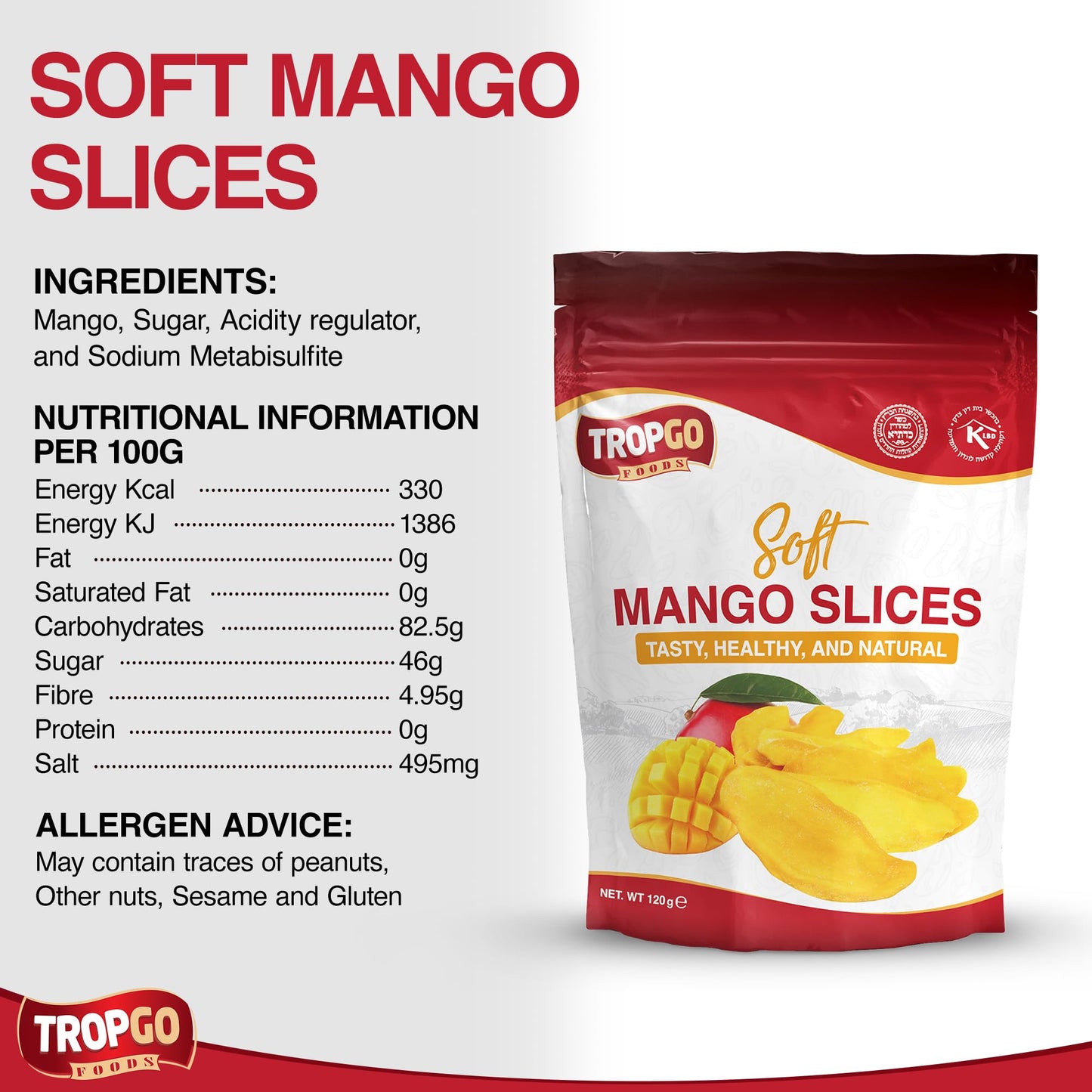 Tropgo Soft Dried Mango Slices - 120g Resealable Bag, Natural Soft Mango Sweets - Parent