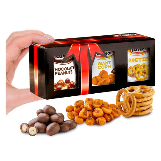Salysol 3 Pack Mini Can Gift Snack Variety – Salted Pretzel 25g, BBQ Giant Corn 30g, Chocolate Peanuts 50g – Gift Box Snack Set for Men and Women