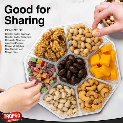 Tropgo 7 Sections Mixed Nuts & Chocolate Gift Box (Green) – Snack Gift with Pistachios, Cashews, Peanuts, Mango Mini Cubes & Bites, Walnuts & Chocolate Almonds
