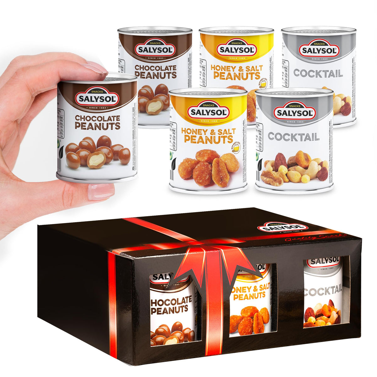 Salysol Snacks Nuts – Chocolate Peanuts, Honey Peanuts, Spicy Cocktail 6 x 50g – Chocolate Gift Box – Delicious Pure Natural Nuts – Thoughtful Gift Sets for Him and Her