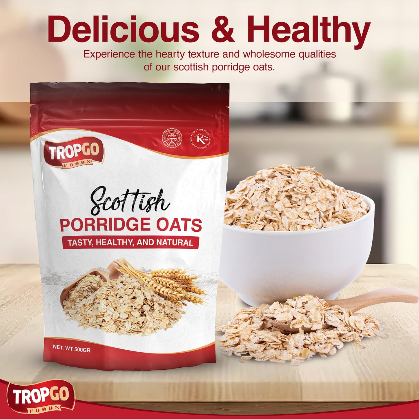 Tropgo Scottish Porridge Oats 500g – Whole Grain Rolled Oats for Hot Cereal, Baking & Smoothies – Non-GMO, Kosher, Vegan, Natural Breakfast Option