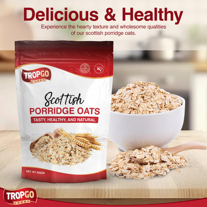 Tropgo Scottish Porridge Oats 500g – Whole Grain Rolled Oats for Hot Cereal, Baking & Smoothies – Non-GMO, Kosher, Vegan, Natural Breakfast Option
