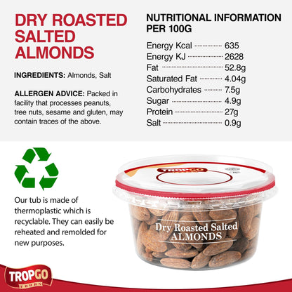 Tropgo Roasted Salted Almonds 180g Tub - Pack of 2 - Almond Nuts in Resealable and Recyclable Tub - Wholesome Trail Mix with Fibre, Protein, and Essential Minerals - Healthy Nuts for All Ages