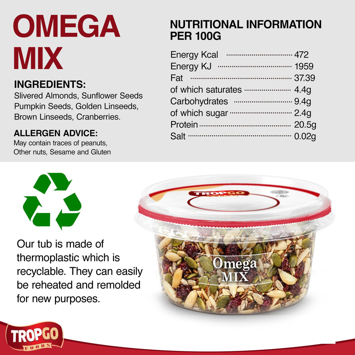 Tropgo Omega Mix 200g - Premium Nuts, Seeds, and Dried Fruit in Resealable and Recyclable Tub - Parent