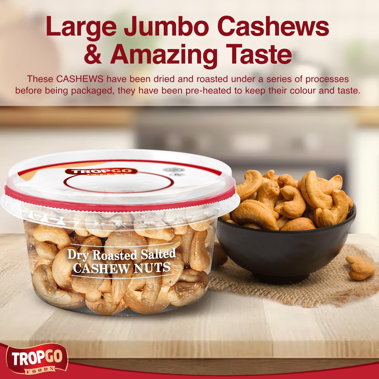Tropgo Dry Roasted Salted Cashews 180g in a Resealable Recyclable Tub - Parent