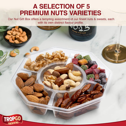 Tropgo 5 Sections Mixed Nuts Gift Set – Delicious Almonds, Walnuts, Cashews, Sweet Mango Cubes & Raw Pecans Mixed Nuts Snacks – Red Congratulations Card Snack Box