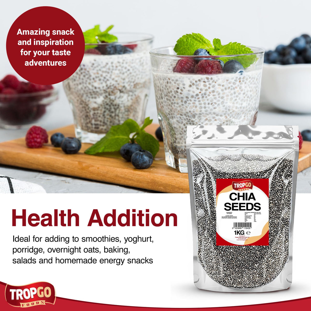 Tropgo Chia Seeds 1kg - Natural Superfood, High Fibre, Omega 3 Rich, Plant-Based Protein for Healthy Kids Smoothies, Baking, Breakfast & Toppings - Health Food Versatile Ingredient