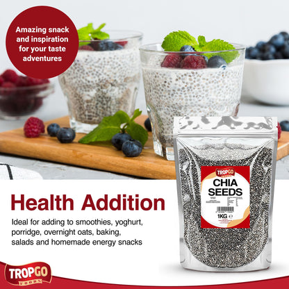Tropgo Chia Seeds 1kg - Natural Superfood, High Fibre, Omega 3 Rich, Plant-Based Protein for Healthy Kids Smoothies, Baking, Breakfast & Toppings - Health Food Versatile Ingredient