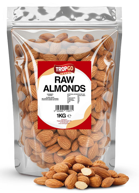 Tropgo Raw Almonds 1kg – Whole Natural Non-GMO Unsalted Nuts for Snacking, Baking and Cooking - Delicious, Plant-Based Protein - Almond Nuts in Resealable Bag