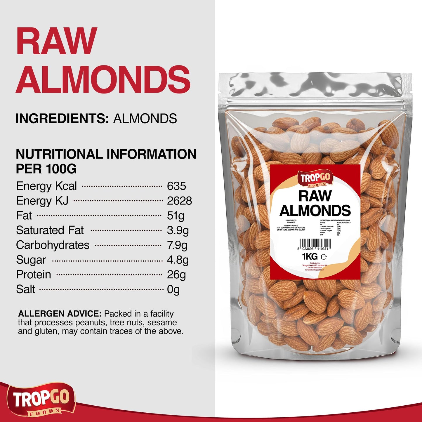 Tropgo Raw Almonds 1kg – Whole Natural Non-GMO Unsalted Nuts for Snacking, Baking and Cooking - Delicious, Plant-Based Protein - Almond Nuts in Resealable Bag