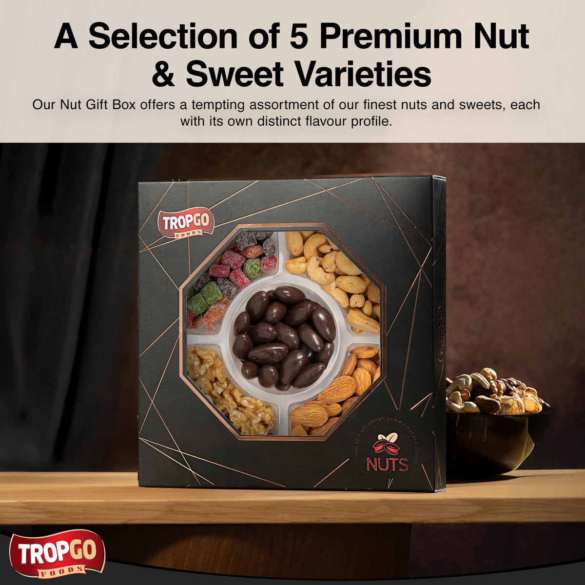 Tropgo 5 Sections Nuts and Sweets Gift Box - Gourmet Snack Box with Raw Walnuts, Raw Almonds, Mango Mini Cubes, Roasted Salted Cashews & Chocolate Almonds - Party Selection Gift Sets