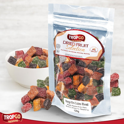 Tropgo Fruity Chewy Mini Cubes | Sugar-Coated Fruit-Flavoured Snack | Peach, Passion Fruit, Kiwi, Blueberry, Strawberry & Raspberry | 120g