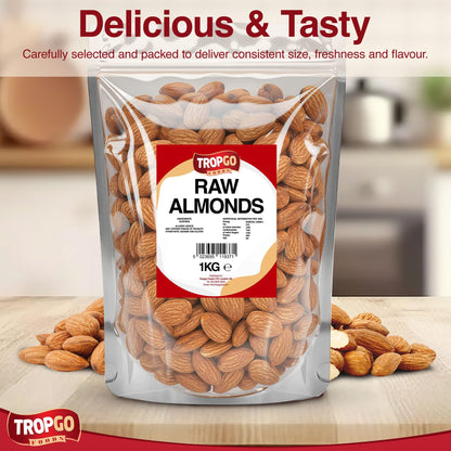 Tropgo Raw Almonds 1kg – Whole Natural Non-GMO Unsalted Nuts for Snacking, Baking and Cooking - Delicious, Plant-Based Protein - Almond Nuts in Resealable Bag