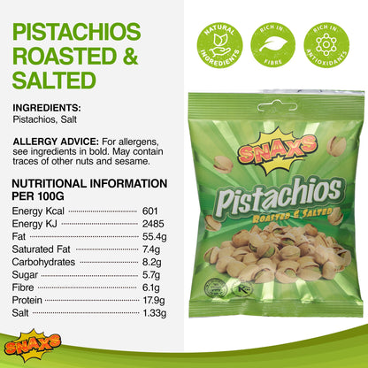 Snaxs Roasted Pistachio Nuts 150g - Salted Nuts with Fibre, Protein, and Minerals - Healthy Kosher Pistachios Ideal for Snacking