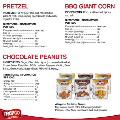 Salysol 6 Pack Mini Can Gift Snack Variety – 2 Salted Pretzel 25g, 2 BBQ Giant Corn 30g, 2 Chocolate Peanuts 50g – Gift Box Snack Set for Men and Women