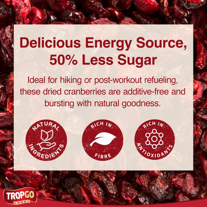Tropgo Dried Cranberries 50% Less Sugar 190g - Dried Fruit in Resealable and Recyclable Tub - Quick Energy Boost & Wholesome Trail Mix - Ready-to-Eat Dehydrated Fruit Snacks for Kids and Adults