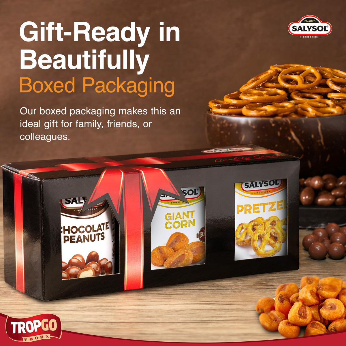 Salysol 3 Pack Mini Can Gift Snack Variety – Salted Pretzel 25g, BBQ Giant Corn 30g, Chocolate Peanuts 50g – Gift Box Snack Set for Men and Women