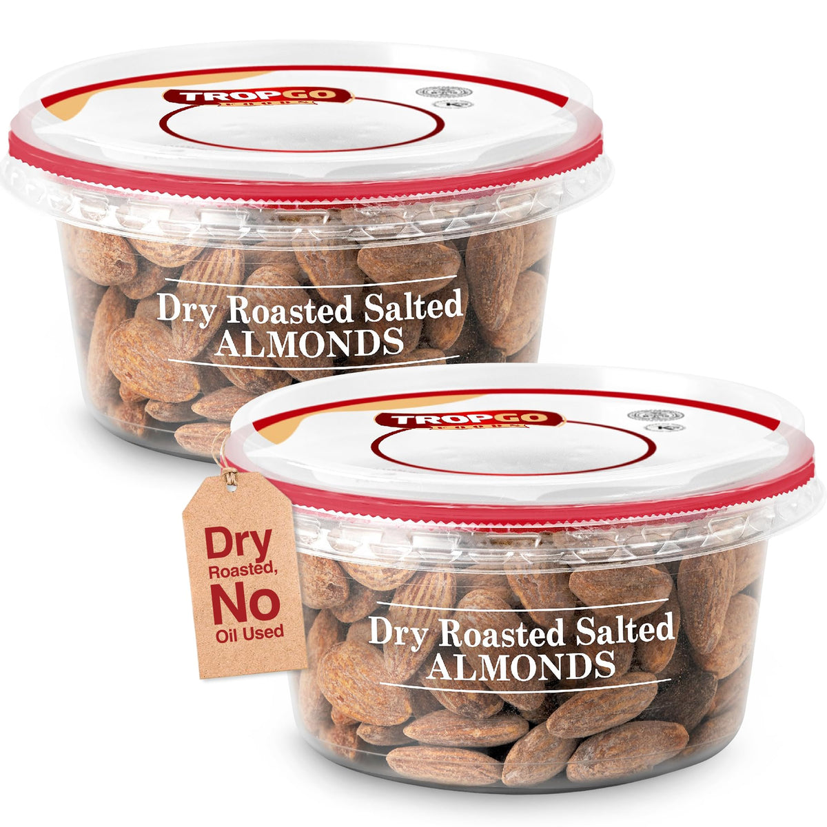 Tropgo Roasted Salted Almonds 180g Tub - Pack of 2 - Almond Nuts in Resealable and Recyclable Tub - Wholesome Trail Mix with Fibre, Protein, and Essential Minerals - Healthy Nuts for All Ages