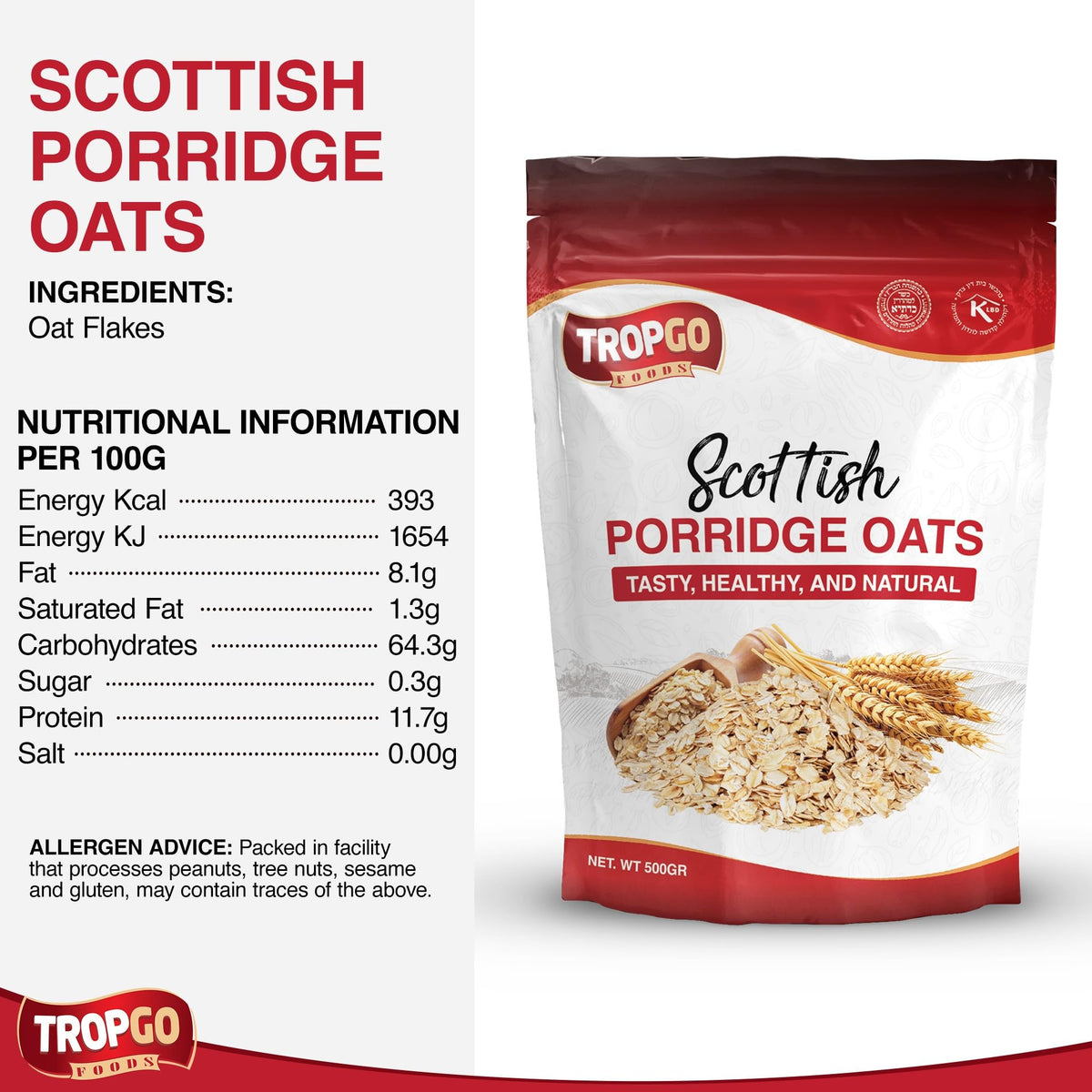 Tropgo Scottish Porridge Oats 500g – Whole Grain Rolled Oats for Hot Cereal, Baking & Smoothies – Non-GMO, Kosher, Vegan, Natural Breakfast Option