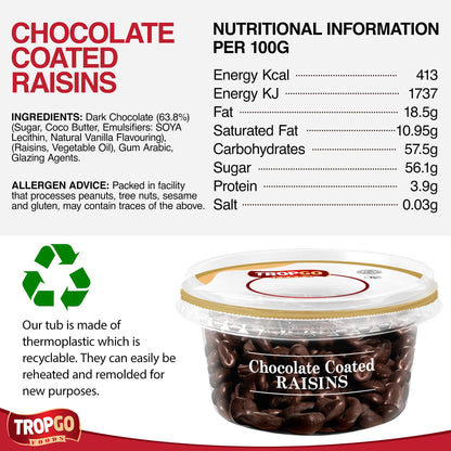 Tropgo Chocolate Raisins 150gm Chocolate Tub - Non-GMO Raisins Coated in Dark Chocolates - Ready-to-Eat Choco Snacks