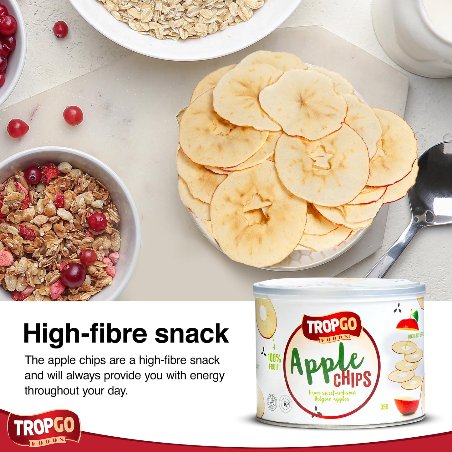 Tropgo - Belgium Apple Chips - 100% Fruit - Natural Healthy Snack - Fresh Red Apple Crisps 35gr - Recyclable Tin Fresh Lock Seal