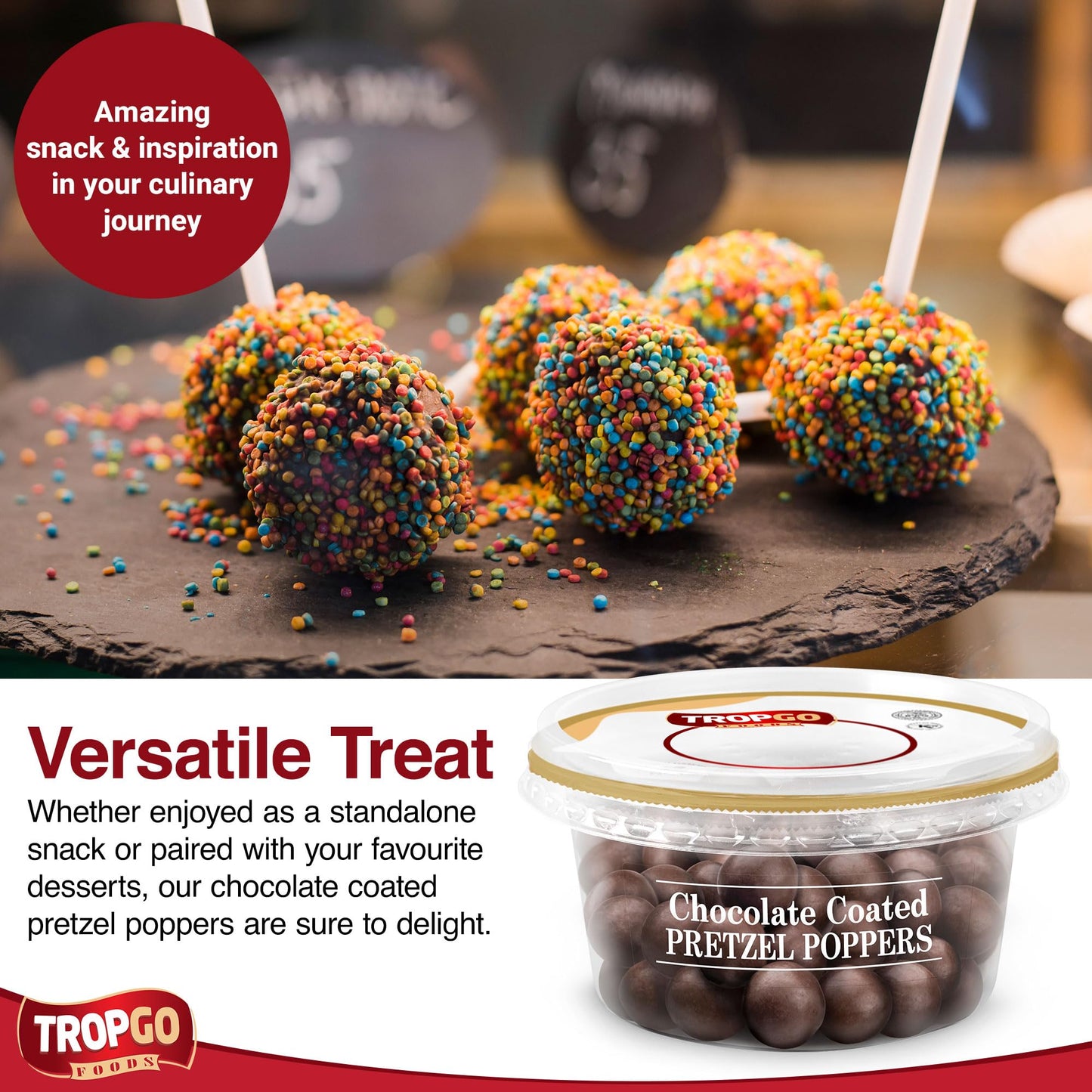 Tropgo Chocolate Coated Pretzel Poppers 150gm Chocolate Tub - Non-GMO Pretzels Coated in Chocolates - Ready-to-Eat Choco Snacks