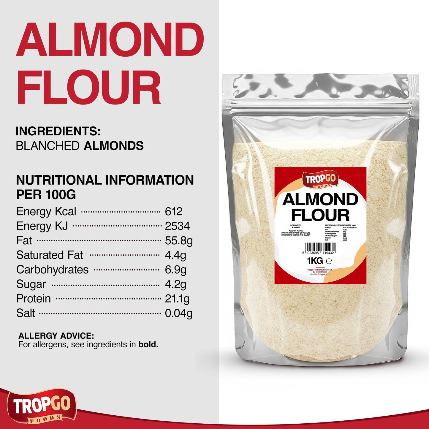 Tropgo Almond Flour 1kg - Finely Ground Blanched Almonds - Baking Ingredient, Low Carb Powder for Cakes, Bread, Pastry, Protein Rich Grain Alternative - Pantry Essential